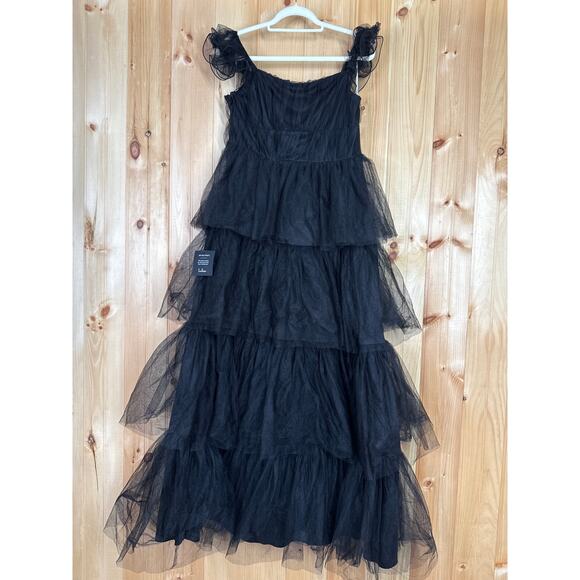 NWT Lulus Tulle For Love Black Mesh Tulle Tiered Ruffled Maxi Dress Wedding XL - Picture 1 of 7